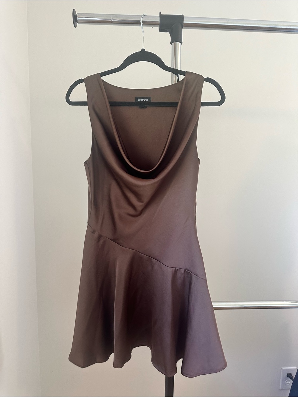 Boohoo Brown Satin Cowl-Neck Mini Dress